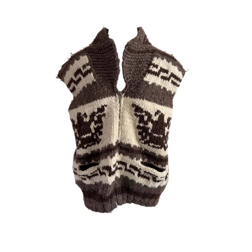 Hills Native Art Cowichan Wool Knit Vest Brown Cream Eagle Full Zip Handmade